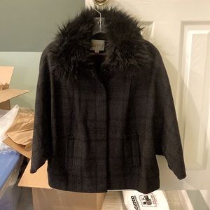 Loft wool caplet, wool blend, covered buttons, removable fur collar. M/L.  NEW